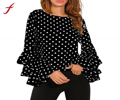 Women Polka Dot Ruffle Blouse Tops Long Sleeves O Neck Elegant Ladies Casual Office Shirt Female Tunics Plus Size 5XL0