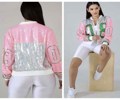 Sequin Long O Neck  Pink green  08  Alpha Sorority Sequin Jackets Bling club  Outerwear & Coats