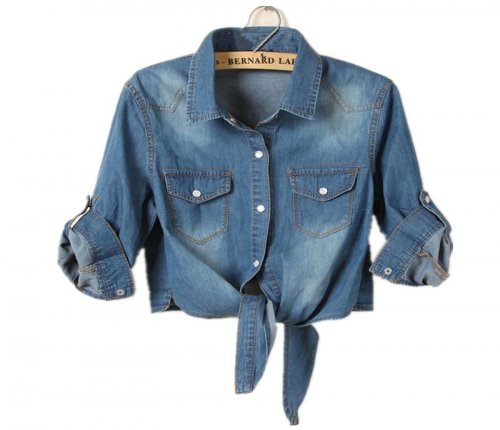 Half Sleeve Shawl Denim Shirt Female Summer Short Denim Blouse  Bodysuit Shirts Feminine Casual Style Jeans Tops
