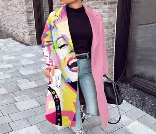Women Oversize Printed Midi Overcoat Long Sleeve Lapel Collar Abstract Pattern Coat Elegant Fashion Female Autumn Cardigan Coats