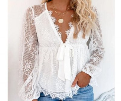 Sexy V Neck Women Blouses Embroidered Hollow Out Lace Edge White Solid Elegant Vintage Korean Style Modis Femme Blouses