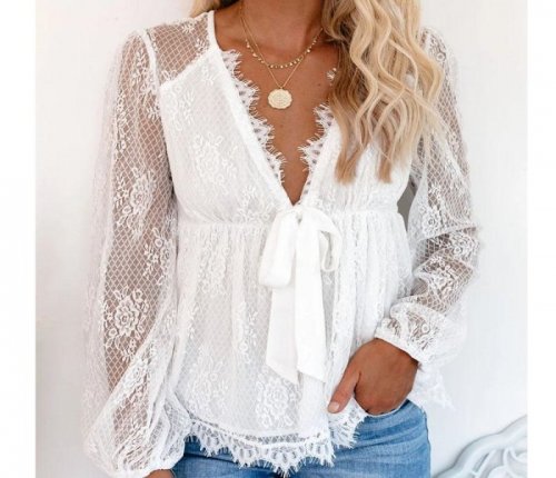 Sexy V Neck Women Blouses Embroidered Hollow Out Lace Edge White Solid Elegant Vintage Korean Style Modis Femme Blouses