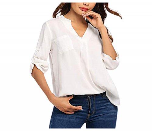 Women Chiffon Shirt Curled 3/4 Sleeve V neck Office Casual Top Office Ladies Shirts Summer Blouse Femme Nouveaute