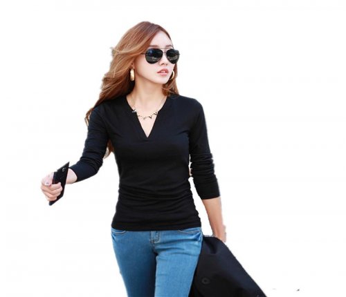 Spring Autumn Women Long Sleeve V neck Casual Tees T shirts Ladies Pullover Long sleeved Cotton Basic Tops Clothes